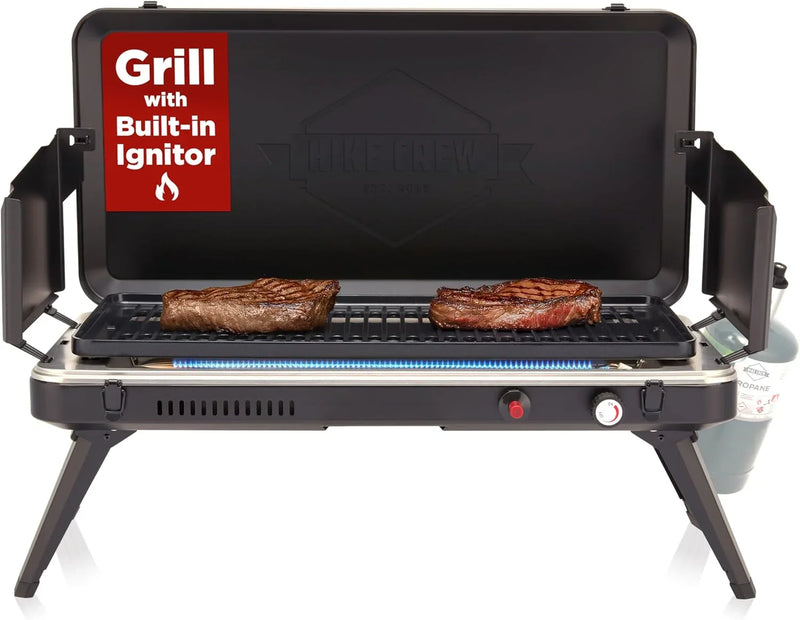 Gas camping barbecue grill | 13,000 watts | Portable liquefied gas burner | Foldable legs and feet | Integrated igniter and built-in regulator (with stainless steel drip tray) | Windproof panel and built-in handle Z1707
