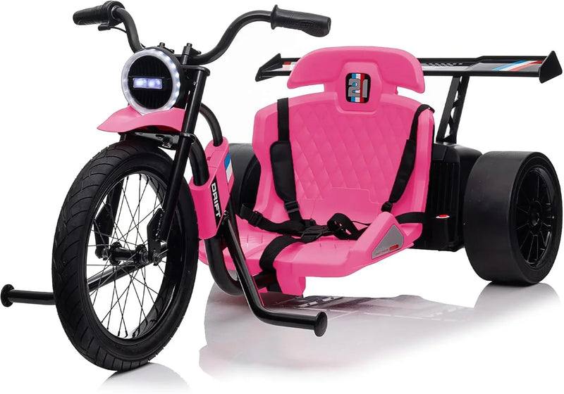 Children's electric drift tricycle, three-wheel electric drifting bicycle, equipped with LED lights, 16-inch inflatable tires, battery-powered, suitable for boys and girls aged 8 and above, outdoor electric driving vehicle (black) X3316