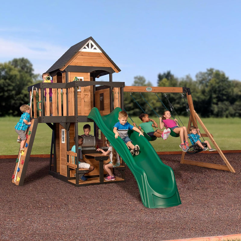 Canyon Creek Cedar Wood Swing Set with Wave Slide, Clubhouse, Play Kitchen, Picnic Area, Belt Swings, Web Swing, Rock Wall, Balconies, Playhouse, Step Ladder, Outdoor Playset P2979