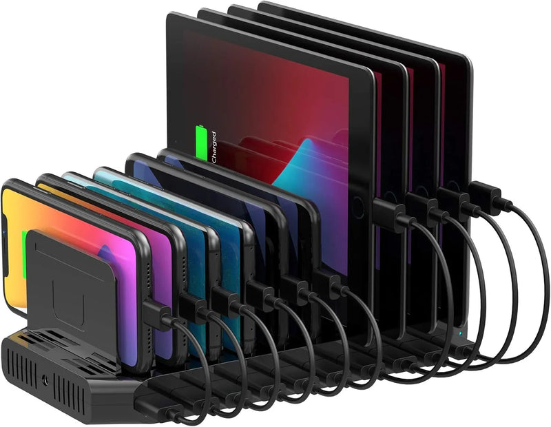 A charging interface station with 10 USB fast charging ports and adjustable partitions, suitable for charging multiple devices such as iPads, iPhones, tablets and mobile phones - 5-piece set, black E6078
