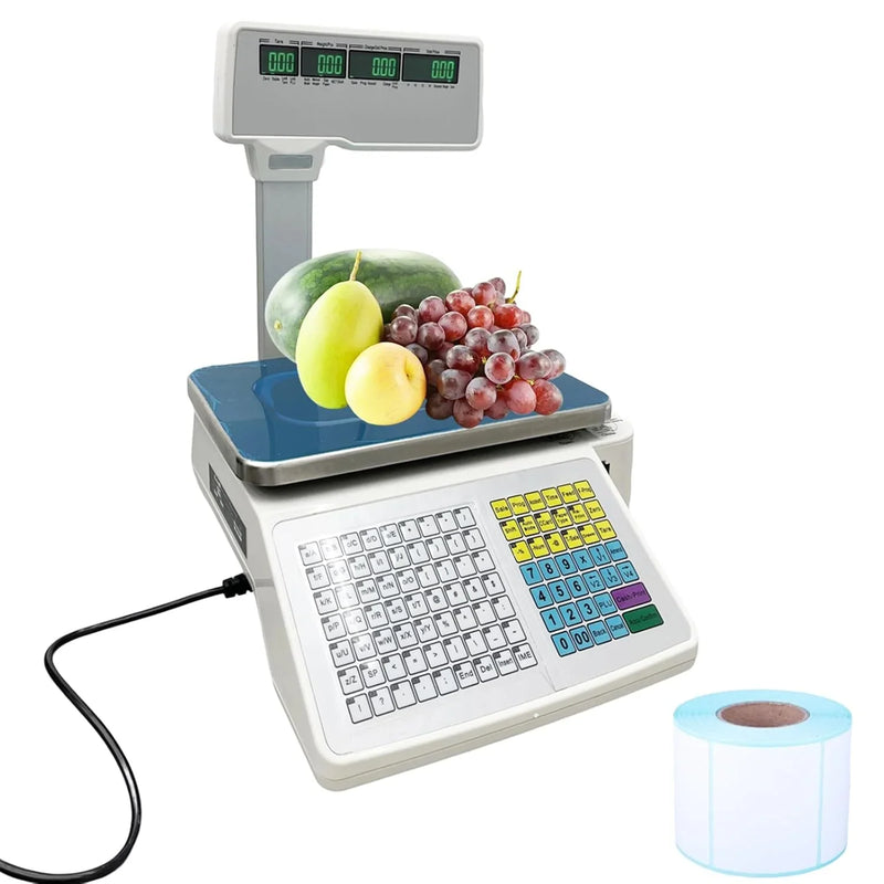 Commercial digital scale, equipped with thermal printer, 4 window vertical double-sided LCD display, capable of printing labels, maximum load capacity of 66 pounds, 110 volts, portable, suitable for storage areas, restaurants, bakeries D9123
