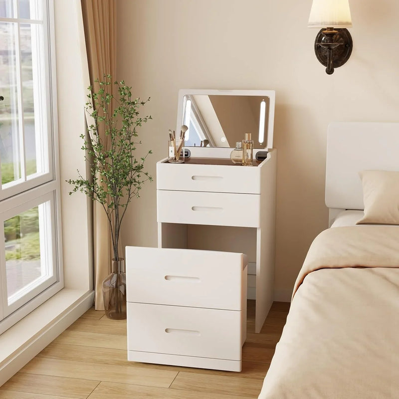 Solid Wood 3 in 1 Vanity Desk with Flip Top Mirror, No Assembly, Compact Vanity with Hidden Chair, Small Makeup Vanity Set with Power Outlet, Dressing Table for Bedroom, White P4526