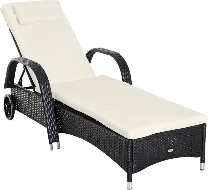 Wicker Outdoor Chaise Lounge, 5-Level Adjustable Backrest PE Rattan Pool Lounge Chair with Wheels, Cushion & Headrest, Brown and Dark Blue T3857