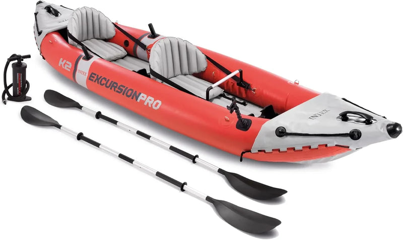68309EP Excursion Pro K2 Inflatable Kayak Set: Includes Deluxe 86in Kayak Paddles and High-Output Pump – SuperTough PVC – Adjustable Bucket Seat – 2-Person – 400lb Weight Capacity D9560