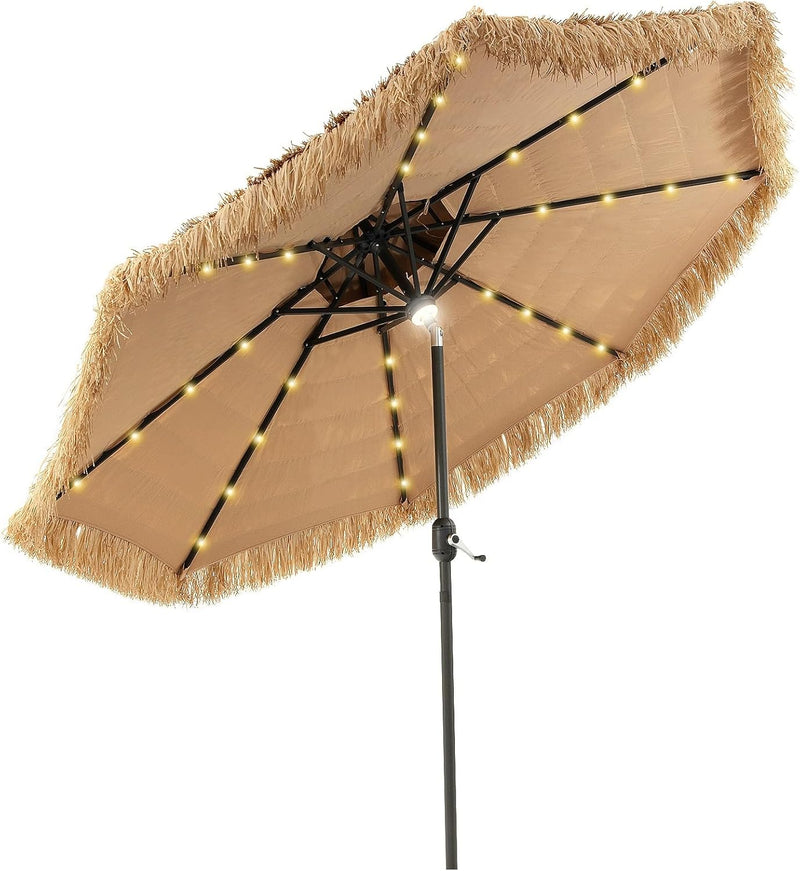Mud-cloth style ti-ki courtyard shade umbrella - Two-layer Hawaiian lei-style inclined beach shade umbrella, equipped with 33 LED lights, 8 umbrella ribs and a rotatable lifting device, solar-powered lawn-type courtyard shade umbrella, tropical palm G3424