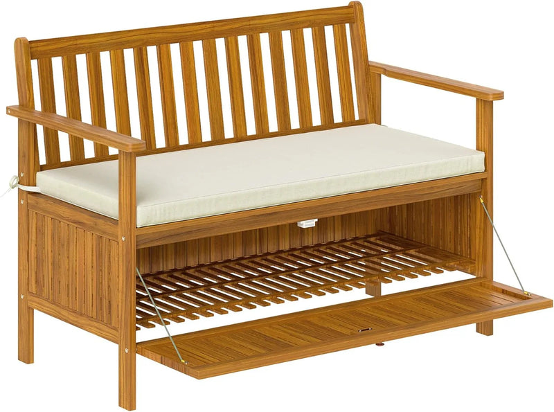Outdoor bench with storage box, 28-gallon outdoor storage bench, garden seat made of rosewood with cushion, suitable for parks, balconies, and terraces, double-person outdoor furniture, made of teak material Q4967