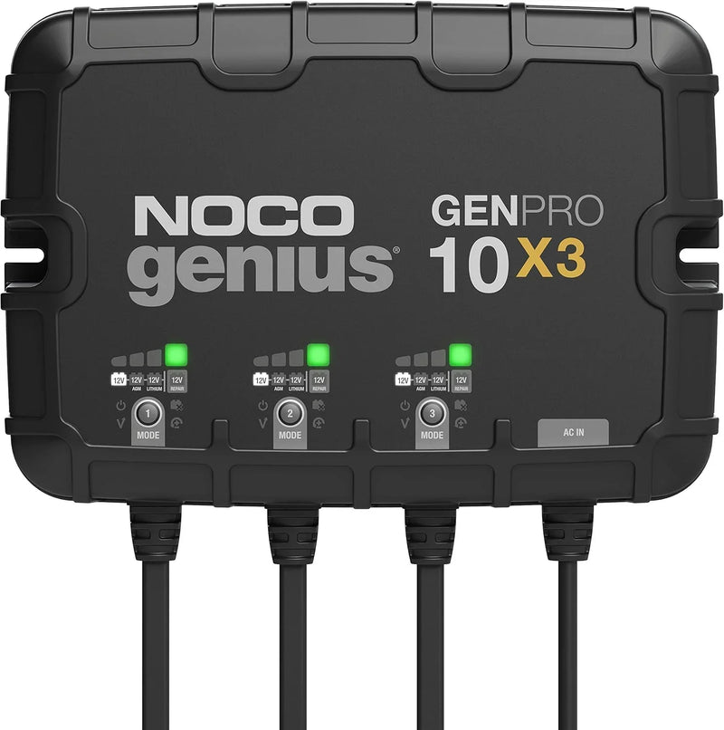 Three sets of batteries, 30-ampere built-in battery charger - Each set consists of 10-ampere, 12-volt waterproof marine charger, featuring overcharge protection and temperature compensation functions - Suitable for lead-acid batteries and T3804