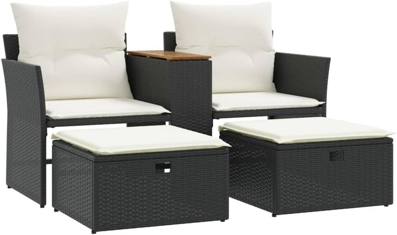 Multi-functional balcony sofa (for two people, with sunshade) - Black polyester wicker double-seat sofa, with built-in table, stool and washable cushion X4943