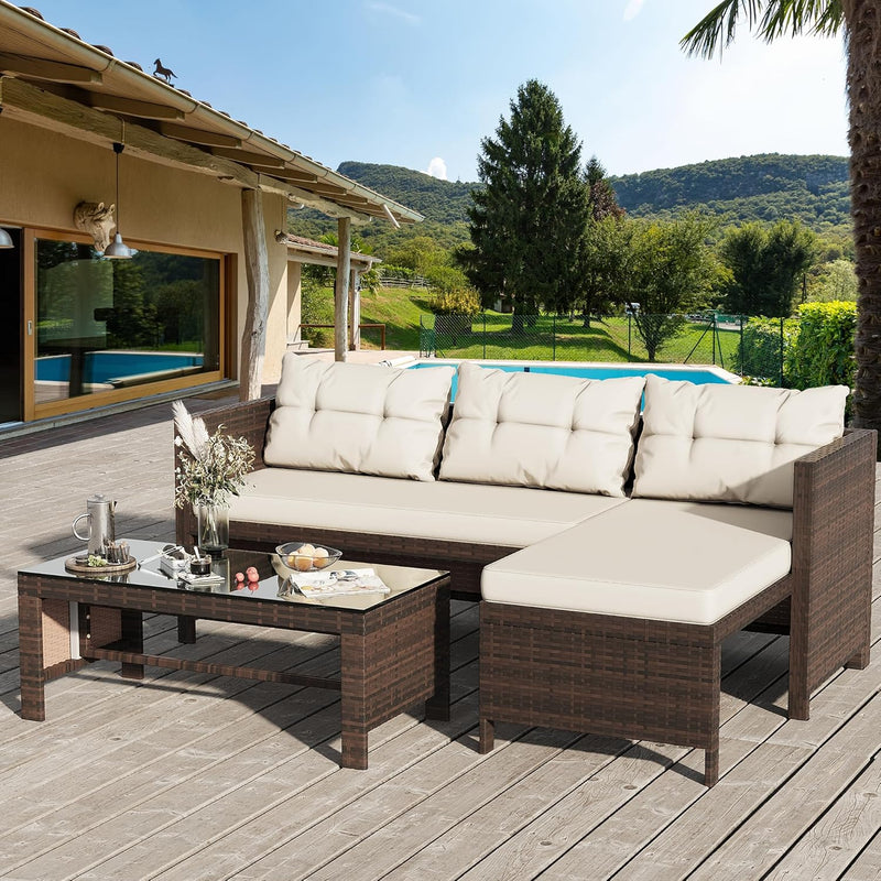 Outdoor Patio Furniture Sets, Wicker Patio sectional Sets 3-Piece, All Weather Wicker Rattan Patio Seating Sofas with Glass Coffee Table and Cushion (Beige) U3262