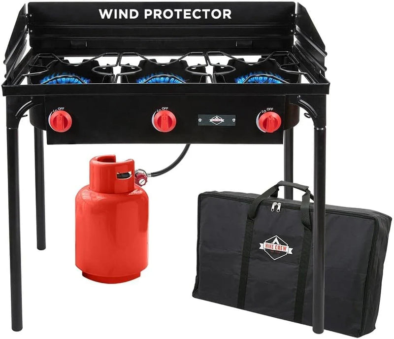 Dual-burner outdoor gas stove | 150,000 British thermal units portable propane stove, with blue flame control, detachable legs, temperature control knob, windproof panel, hose, regulator and storage box T7118