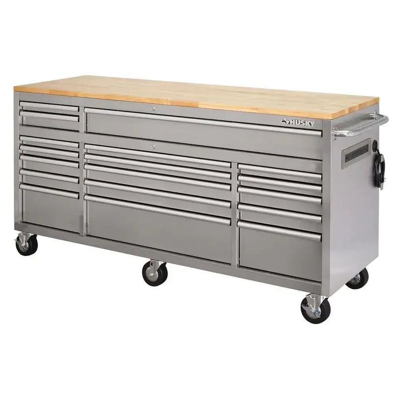 72 in 18-Drawer 24 in. D Mobile Workbench with Solid Wood Top Stainless Steel X2330