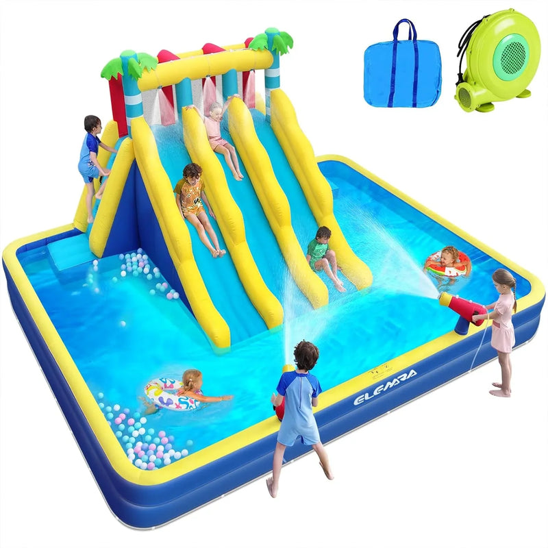 20.66x16.4FT Inflatable Water Slide for Big Kids, Water Park for Kids Backyard with Large Double-Layer Pool,3 Extra-Long Slides,Climbing Wall, 2 Water Cannons, Water Spraying, 750W Air Blower O1454