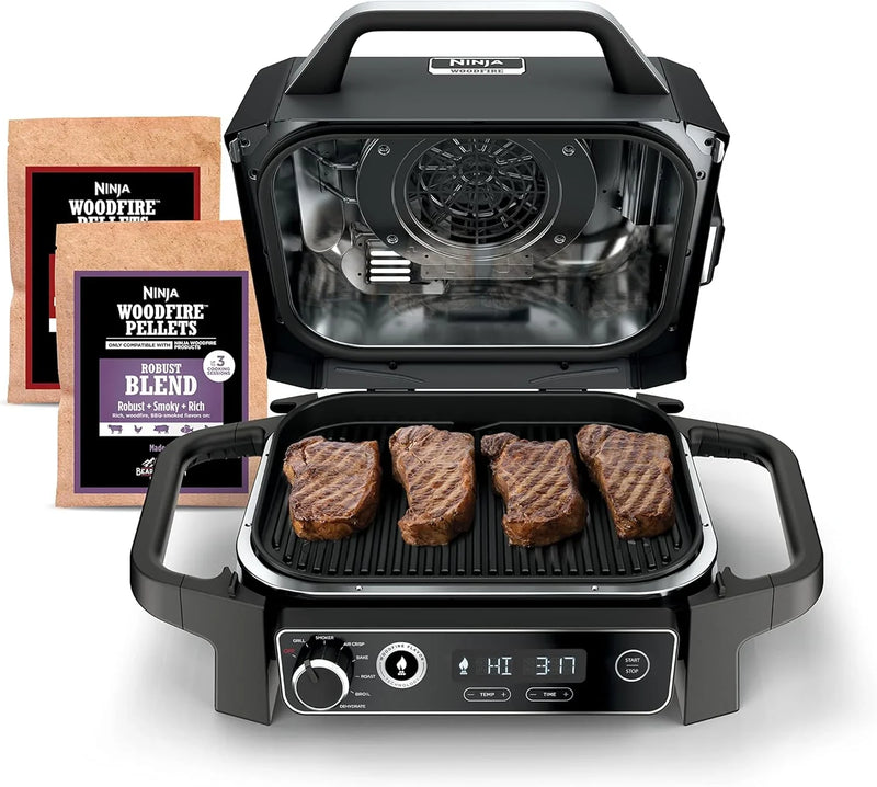 The wood-fire professional outdoor grill is equipped with an internal thermometer. It is a 7-in-one multi-functional grill, a barbecue smoker, an outdoor air fryer, featuring baking, roasting, dehydrating and grilling functions. It adopts P9807