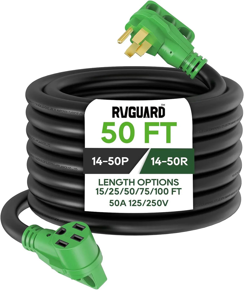 50 Amp 50 Foot RV/EV Extension Cord, NEMA 14-50P/R Heavy Duty Extension Cord with LED Power Indicator and Cord Organizer, Green, ETL Listed O3730