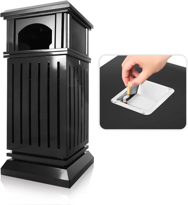 Outdoor trash bin top tray matte black stainless steel commercial waste storage box with lock cover. Heavy-duty industrial garden garage garbage container, dimensions: 35.5 * 15.8 * 15.8 inches. Y5836