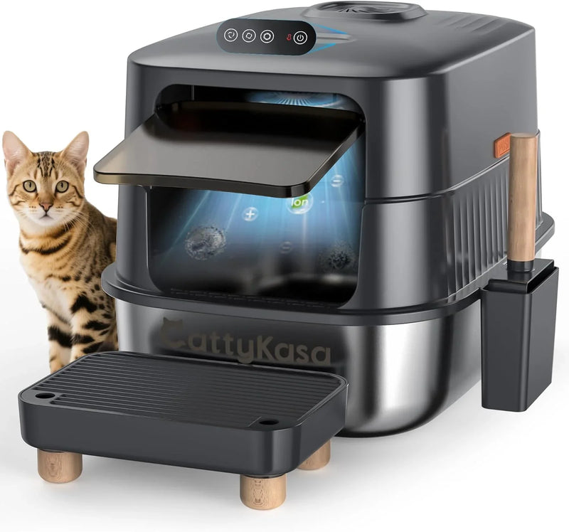 Stainless steel litter box, three-in-one enclosed high-sided litter box, equipped with a high lid, suitable for cats, anti-stick, anti-leak, easy to clean, with a scoop and filter step. K0624