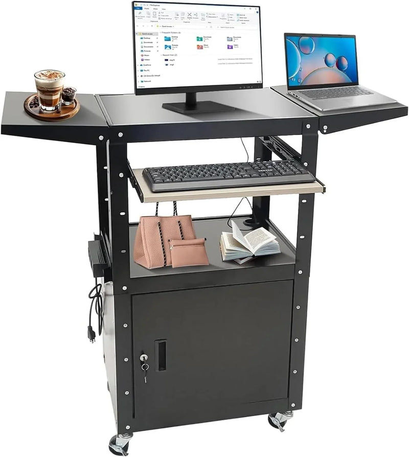 Upgraded AV Cart, Adjustable-Height Steel AV Cart with Locking Cabinet and Pullout Keyboard Tray, Rolling Media Cart with Wheels & Power for Computer Laptop Projector Printer (Black/43"x18"x43") D3337