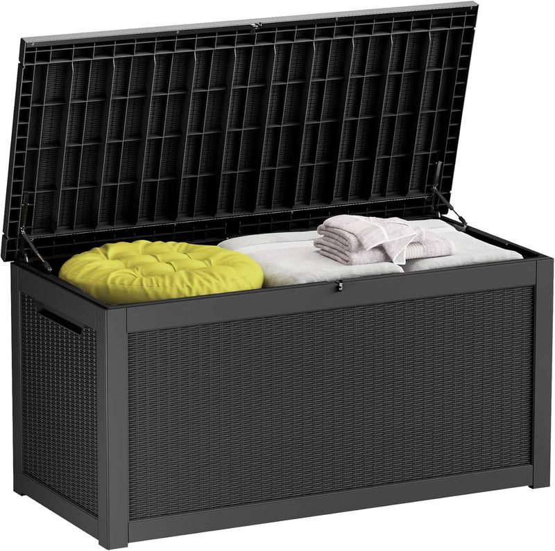 260-gallon large outdoor storage XL outdoor box, suitable for garden furniture, outdoor cushions, garden tools, sports equipment and pool supplies. Made of waterproof resin material, lockable, in gray color scheme. A3080