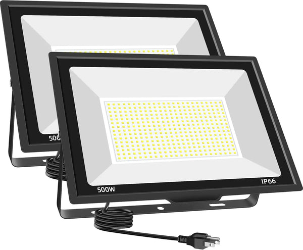 500W LED Flood Light Outdoor 2 Pack, 2000W Equivalent FloodLight with Plug, Super Bright 55000LM 5000K Daylight White IP66 Waterproof Commercial Lighting for Sports Fields,Courts,Arena,Stadium P9851