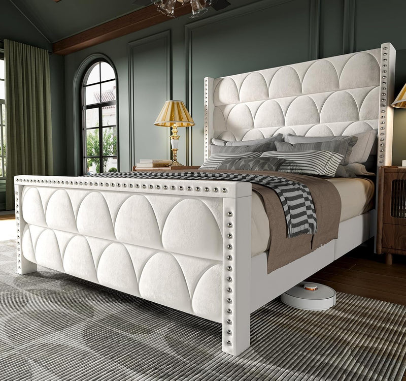 King Size Bed Frame with 56" Headboard - 1000LBS Capacity Support, Velvet Upholstered Wingback Platform Bed Frame, Noise Free, Sturdy Wooden Slat Support X5959