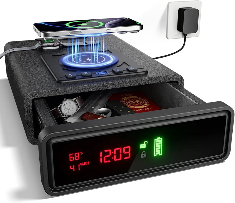 Smart Biometric Safe with Wireless Charging for Phone & Watch, 3 Access Methods to Unlock, Nightstand Drawer Safe LED Display with Humidity & Temperature Monitoring, Stopbox for Cash and Valuables M8191