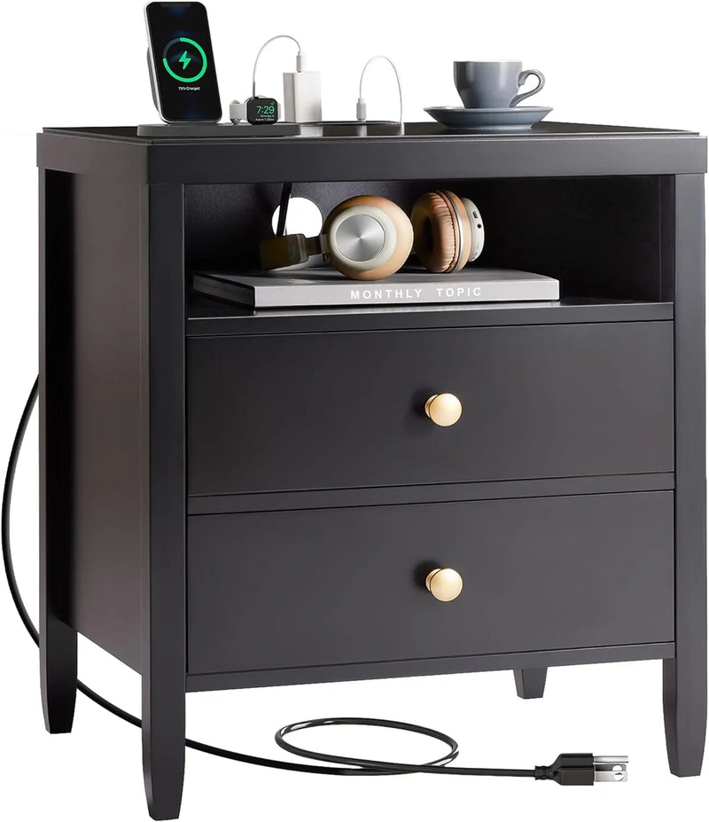 Modern bedside table with black metal finish - 2-piece set X3296