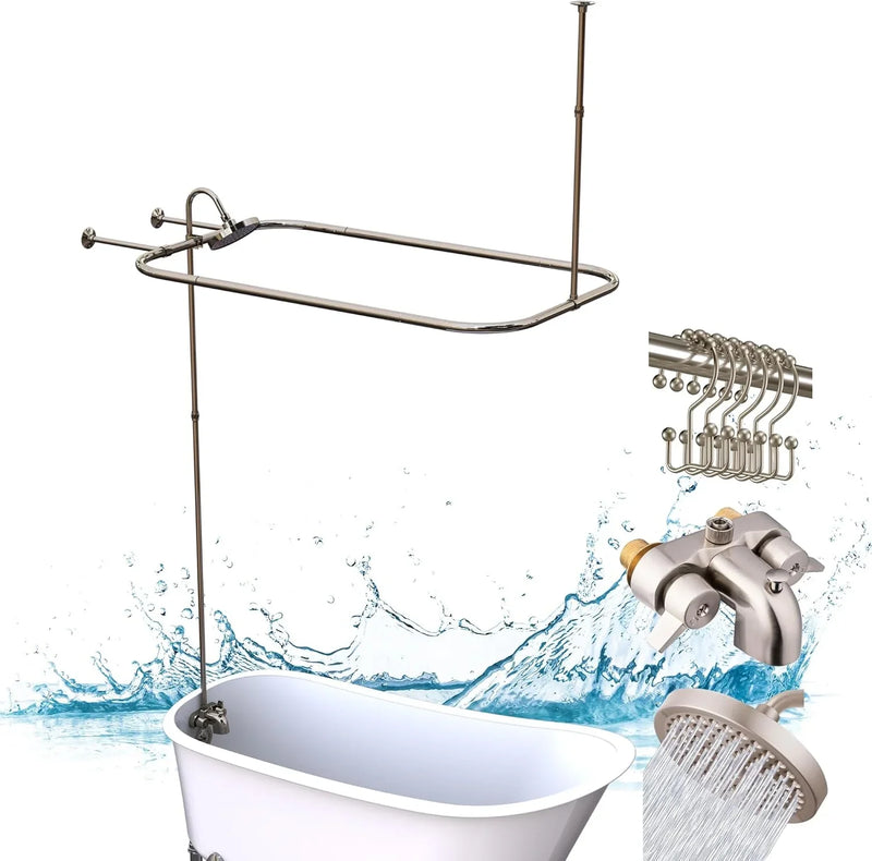 Clawfoot Tub Shower Kit, Add On Shower Units With Bathcock Diverter Faucet and 48" X 27“ Rectangular Claw foot Tub Shower Curtain Rod Kit,Claw foot Tub Shower Faucet Set,Brushed Nickel T5126