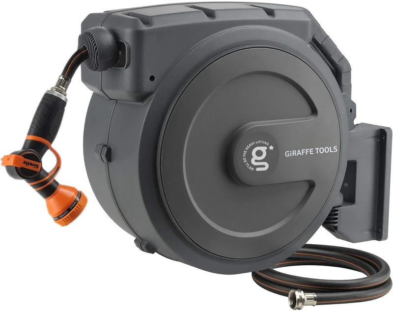 Tool-extendable garden hose reel, inner diameter 1/2 inch, length 155 inches, equipped with 5-foot extension hose, sturdy and durable, lockable at any length, slow retraction system, wall-mounted design, 180-degree rotating bracket K9958