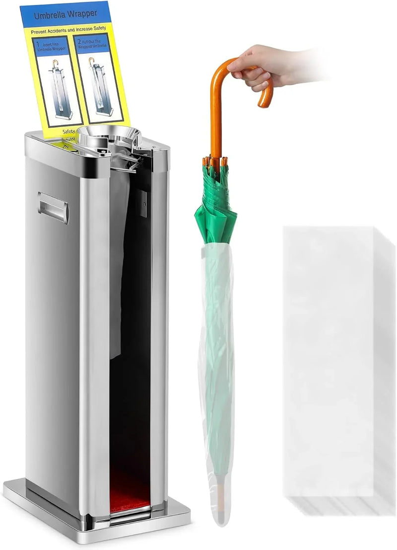 Automatic wet umbrella packaging machine, stainless steel single-slot umbrella bag distributor bracket, equipped with 1000 long umbrella bags and warning signs, suitable for commercial shopping centers, hotels, in silver color. H8220