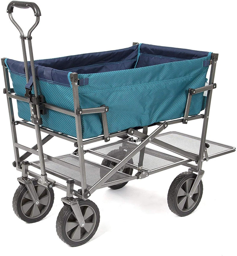 A foldable double-layer outdoor multi-functional truck, equipped with a long lower shelf, in blue-green color. J3410