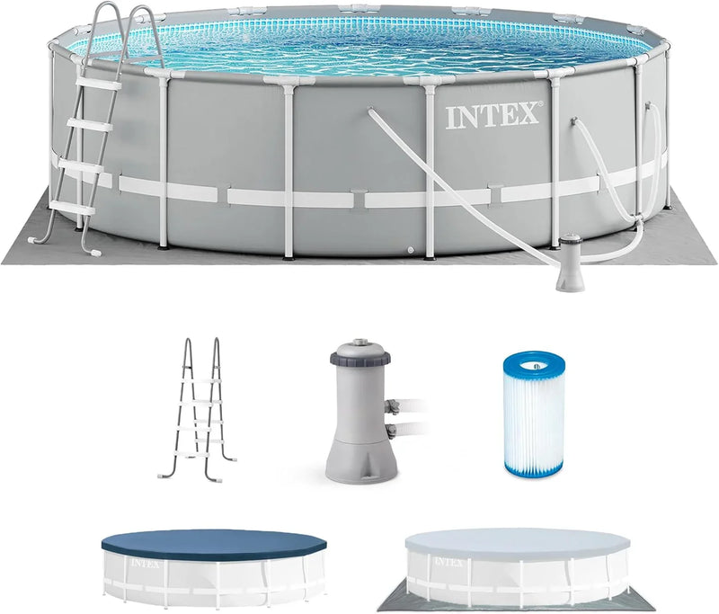 Above Ground Swimming Pool w/ Pump, Cover, & Ladder, 18' x 48", Prism Frame, Gray - Outdoor Round Family Pool w/ Filter, 42-Inch Deep Water X3449