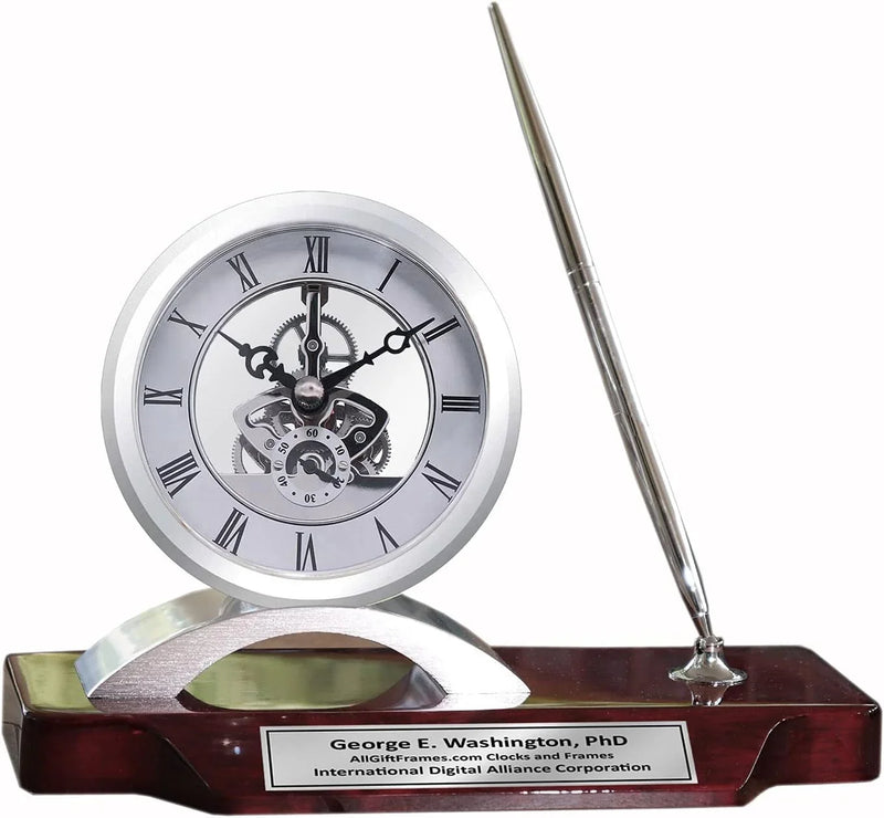 Desk clock, pen set, personalized, unique, silver clock, clear transparent case, gears, da Vinci, timepiece display, metal pen set, wooden desk stand, desk accessories, office, modern home, engraving M7502