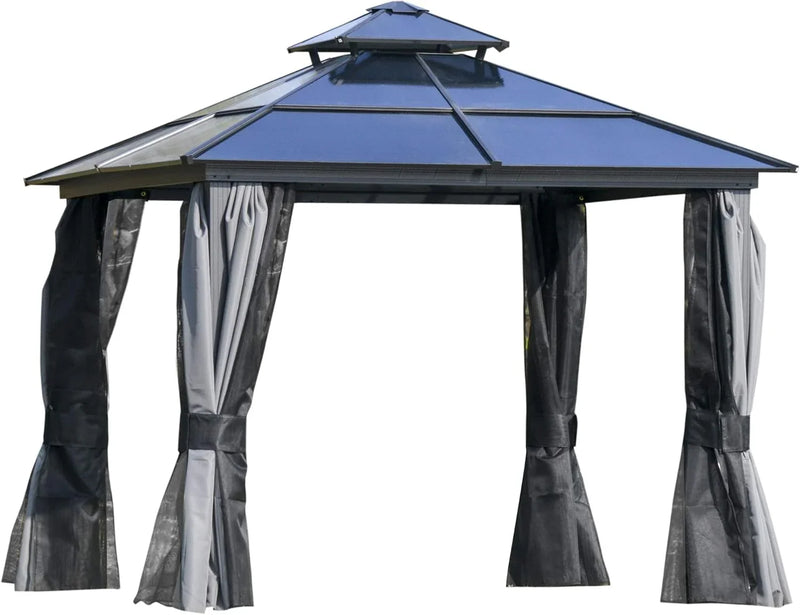 10 feet x 12 feet hard-top awning canopy, polycarbonate roof, aluminum frame, permanent outdoor awning, with net cover, suitable for patios, gardens, backyards, terraces, lawns, grasslands, light gray. P5085