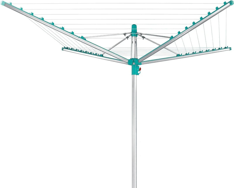 Simple drying machine, extendable by 50 meters to maintain cleanliness, made of fully rust-free aluminum material, with a shaft diameter of 3.28 meters and a maximum length of 2.03 meters. It has a pull-out rotating clothes drying rack, emerald green E053