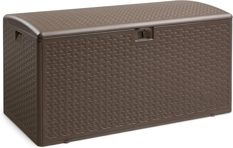 Outdoor patio storage box - 150 gallons. Loft box, waterproof and highly resistant to weather, suitable for furniture cushions and gardening tools, brown color scheme. C8083