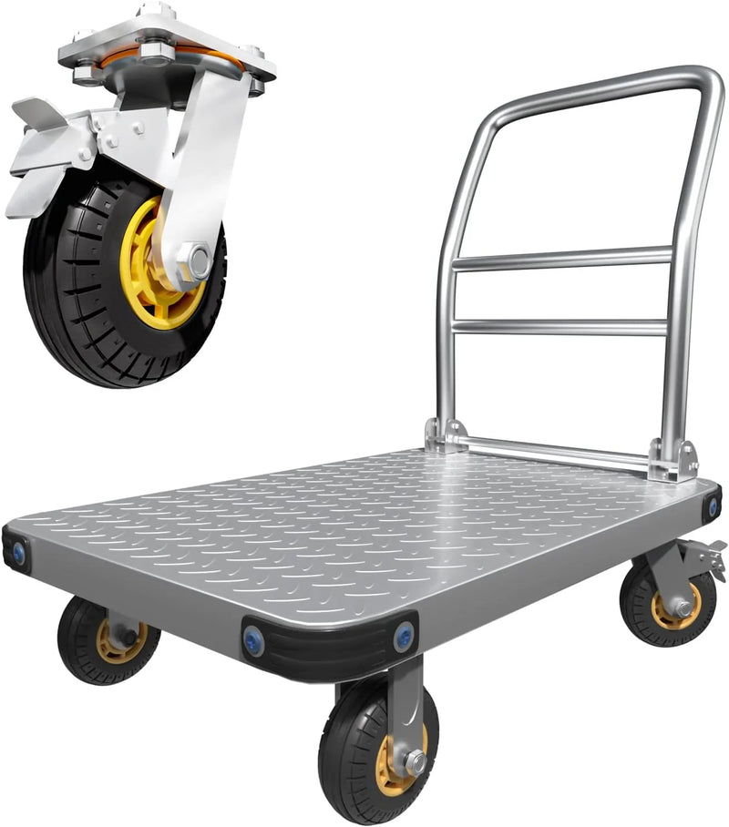Heavy Duty Platform Truck Flat Moving Cart Hand Trucks,2000Lbs Steel Push Cart Dolly with Brake Design, 36 x 24in Large Flatbed with 5'' 360 Degree Swivel Wheels for Easy Storage K8726