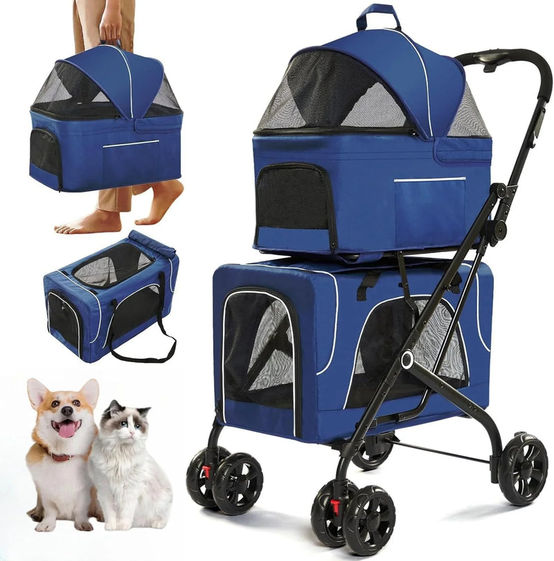 Double Dog Stroller for 2 Dogs, Detachable Carriers, Safety Belt, Lockable Wheels, Pet Travel Carrier Strolling Cart, Folding Cat Stroller for Small Medium Pets Dogs (Blue) D8109