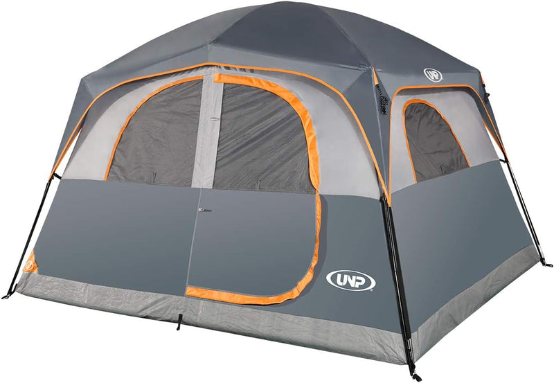A 6-person waterproof and windproof portable family camping tent, with a double-layer structure, equipped with 1 mesh door and 5 large mesh windows - height of 10 feet × 9 feet × 78 inches (unit: inches) X8618