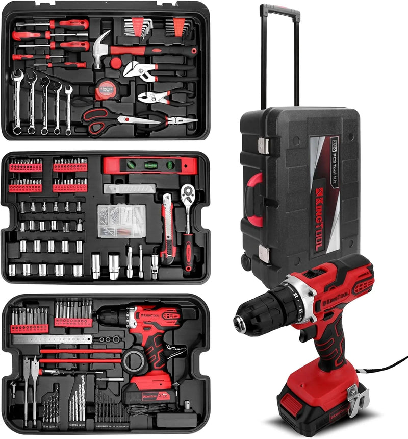 Home Tool Set Kit - 286 PCS Home Auto Repair Tool Kit with Rolling Tool Box, Mechanic Tool Sets with 21V Max Cordless Power drill, Perfect for Homeowner, Diyer, Handyman E3525