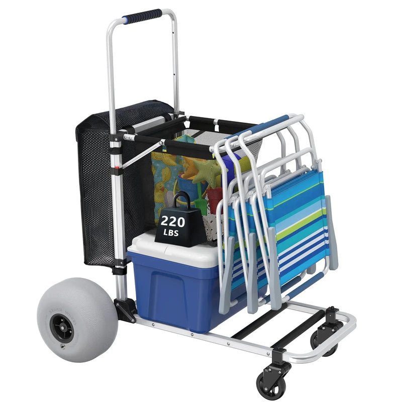 Foldable Beach Cart with Adjustable Handle and 12" Balloon Wheels, Heavy Duty Aluminum 220LBS Capacity J0143