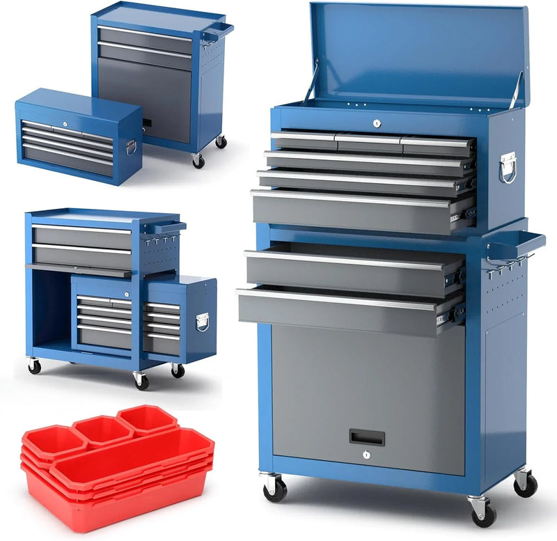 Tool Chest 8-Drawer | 42'' Large Rolling Tool Chest with Wheels | Detachable Top Metal Tool Box | Garage Storage Cabinet for Repair Room,storage area | Rolling Tool Box with Hooks,Liners,Tray Divider X3909
