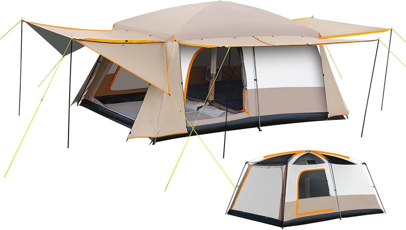 Camping Tent, 4-6 Person Family Cabin Tents, Large Waterpoof Tents for Camping Outdoor, 210D Oxford Fabric Blackout Foldable Sunburn Prevention Tent with 2 Rooms, 3 Foyers for Picnic Khaki V8873