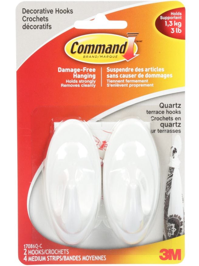 Decorative Quartz Terrace Hooks with Adhesive Strips, White, 3-lbs, 2 Strips per Pack W8473