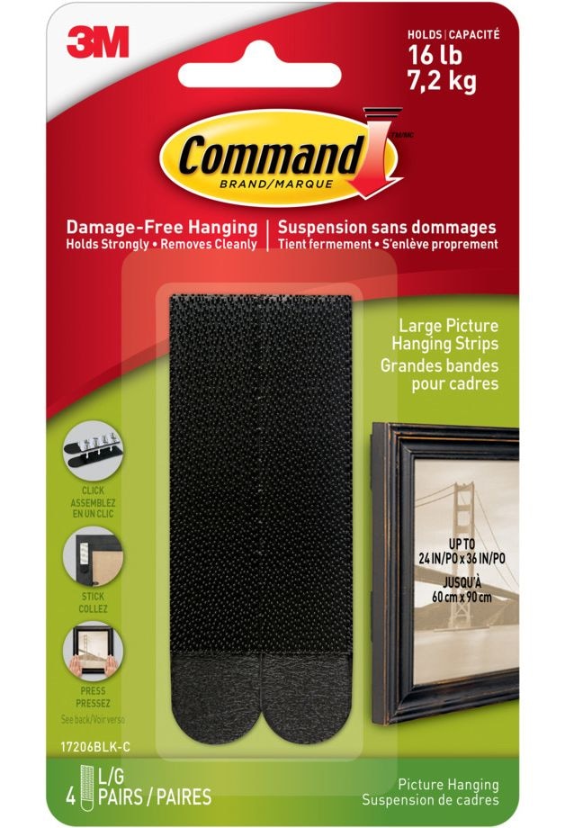 Large Adhesive Picture Hanging Strips, Black, 16-lbs, 4 Strips per Pack W8941