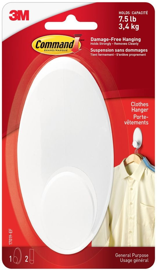 Large Clothes Hanger Organizing Hook with Adhesive Strips, White, 7.5-lbs, 1 Strip per Pack R4431