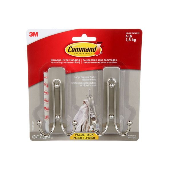 Large Decorative Double Hooks Value Pack with Adhesive Strips, Brushed Nickel, 4-lbs, 2 Strips per Pack Q1914