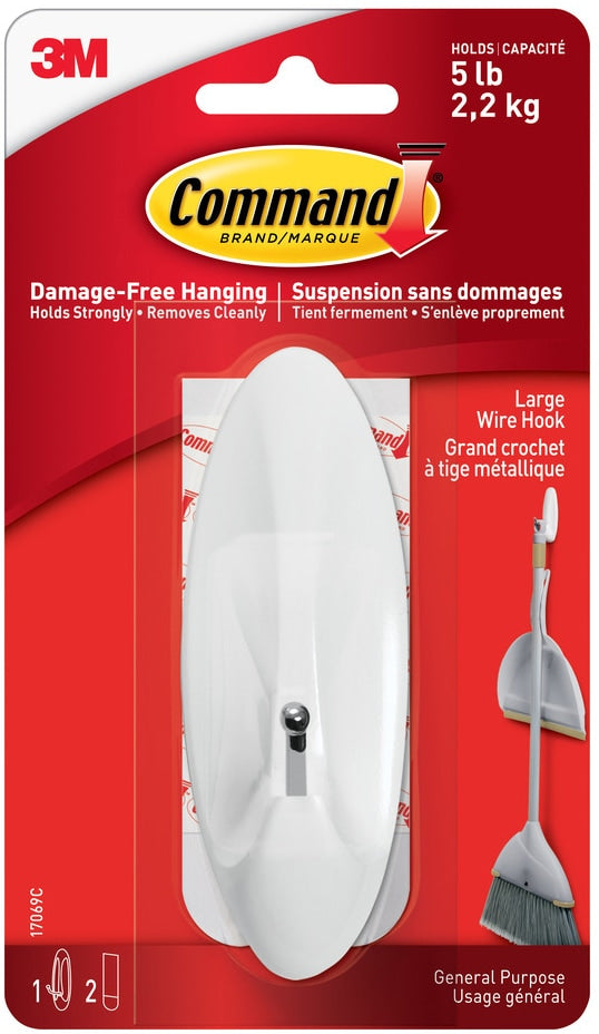 Large Wire Hook with Adhesive Strips, White, 5-lbs, 1 Strip per Pack X9942