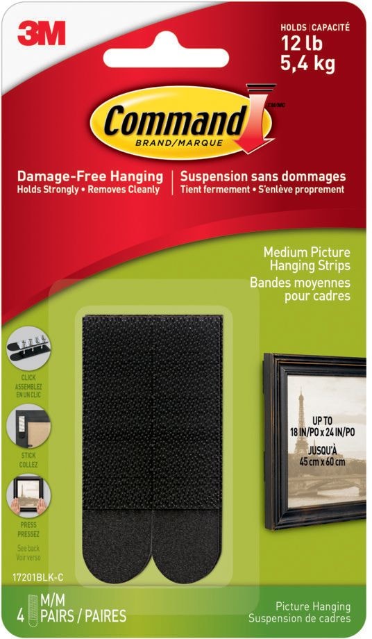 Medium Adhesive Picture Hanging Strips, Black, 12-lbs, 4 Strips Per Pack N4933