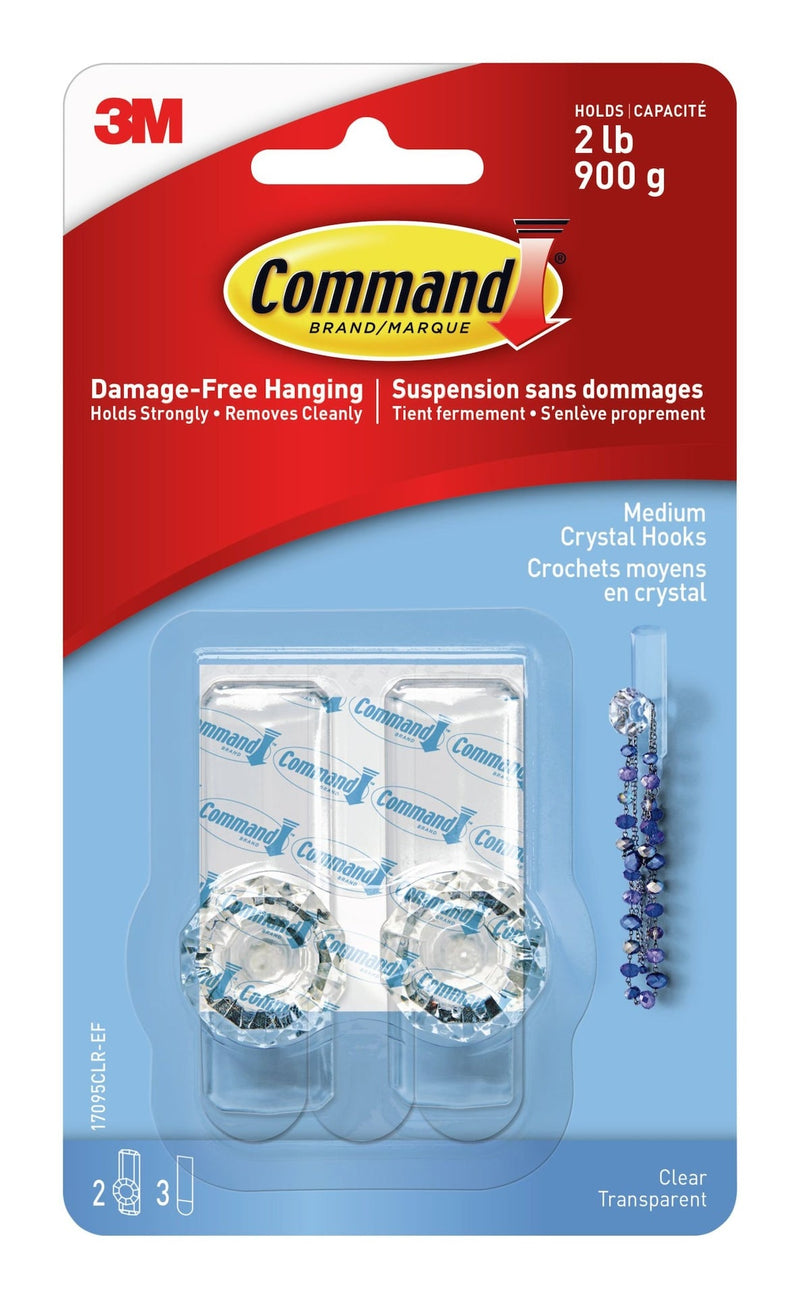 Medium Decorative Crystal Hooks with Adhesive Strips, Clear, 2-lbs, 2 Strips per Pack B8562