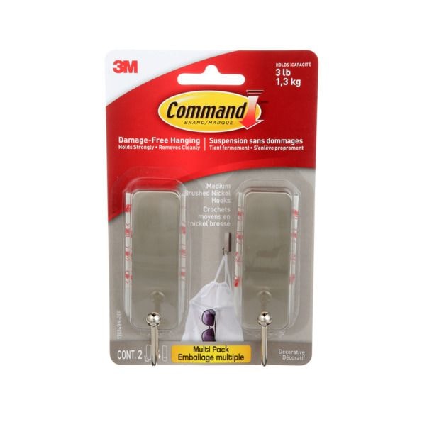 Medium Decorative Hooks with Adhesive Strips, Brushed Nickel, 3-lbs, 2 Strips per Pack J2553